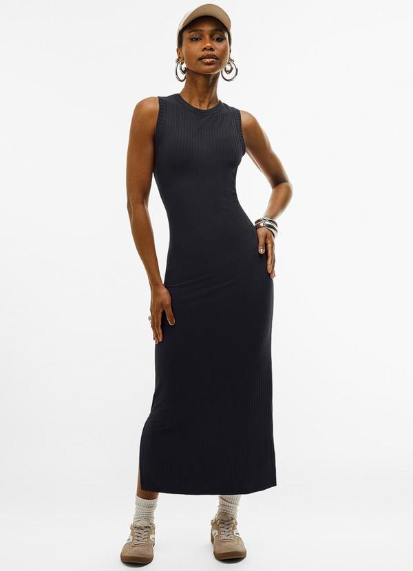 Vestido Midi em Canelado Preto