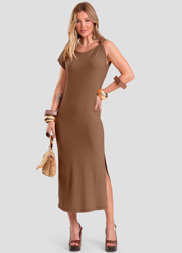 Vestido Midi Canelado Marrom