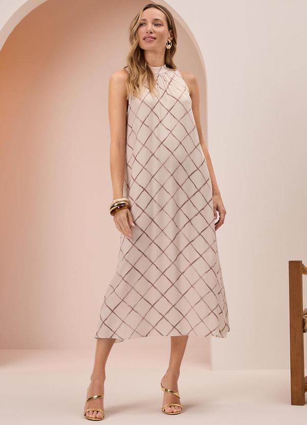Vista 2 Vestido Midi Chá com Gola em Viscose Bege Lunender Lunender