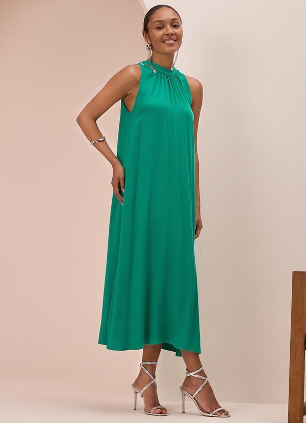 Vista 2 Vestido Midi Chá com Gola em Viscose Verde Lunender Lunender