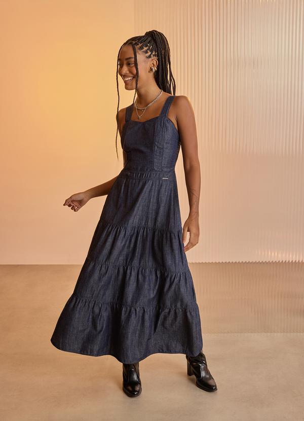 Vestido Midi Chá de Alças em Jeans Azul