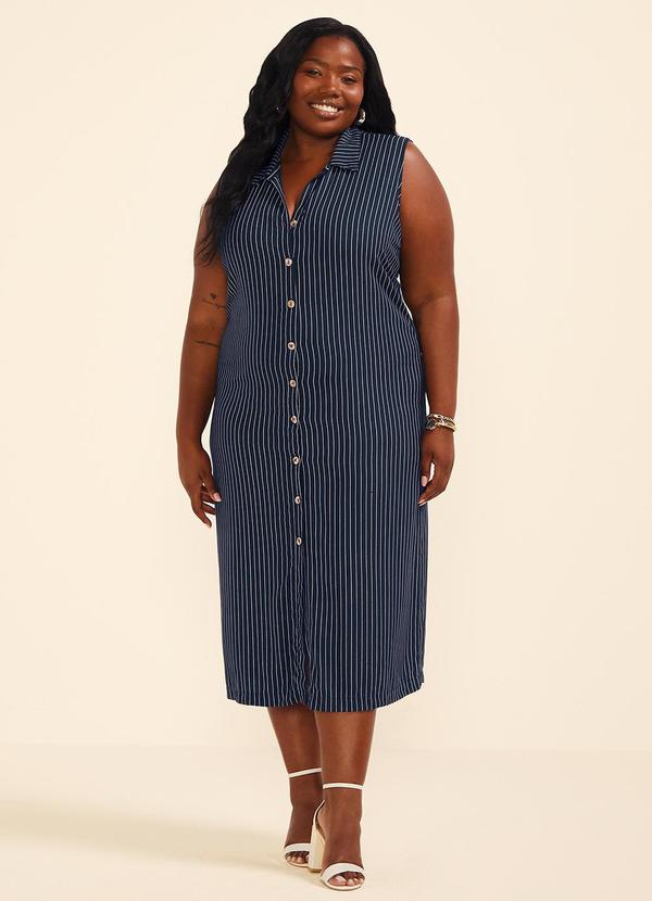 Vestido Midi Chemise Feminino Listrado Azul