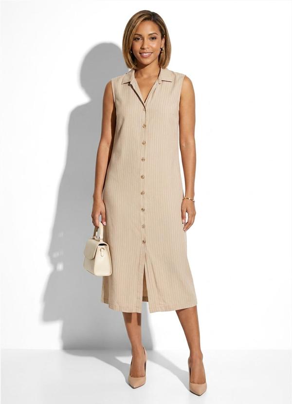Vestido Midi Chemise Feminino Listrado Bege