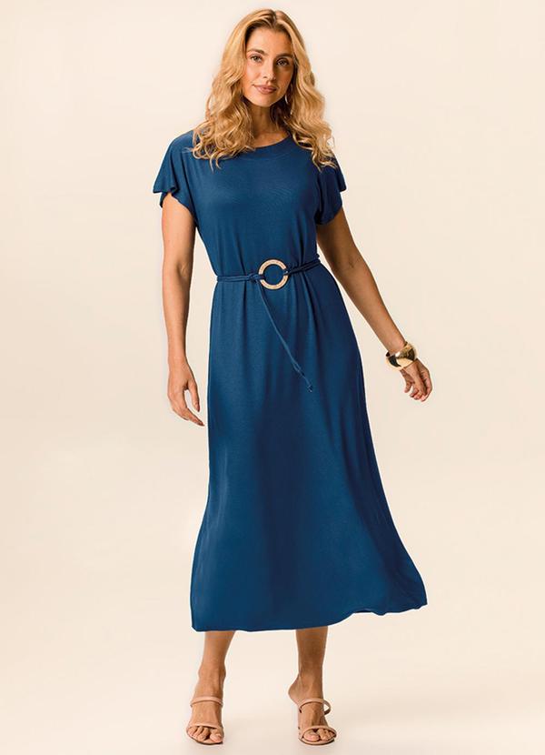 Vestido Mídi com Cinto Azul Escuro