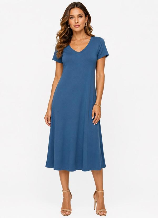 Vestido Midi com Decote em V Malha Visco Azul