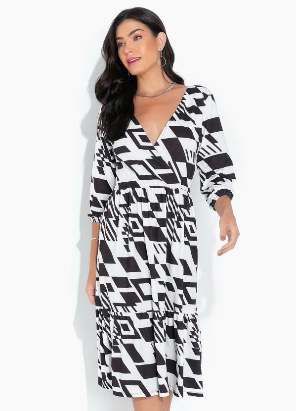 Vestido Midi com Decote Transpassado P&B