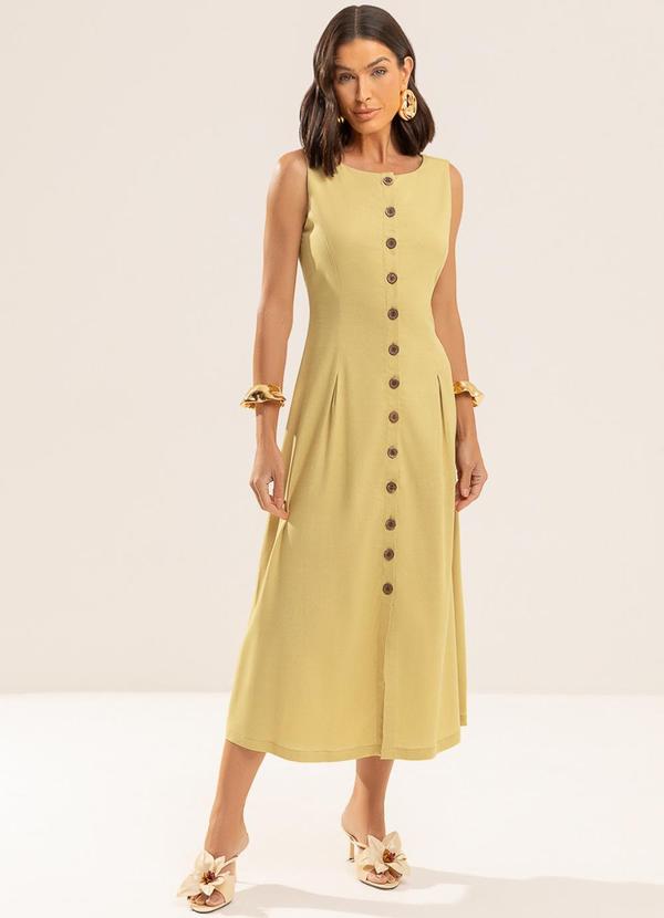 Vestido Midi com Linho e Elastano Amarelo