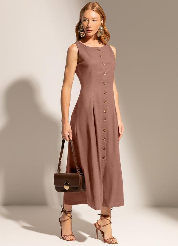 Vestido Midi com Linho e Elastano Marrom