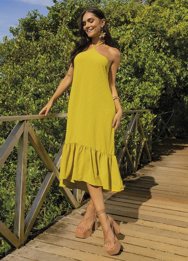 Vestido Midi de Alça e Babados em Air Flow Amarelo