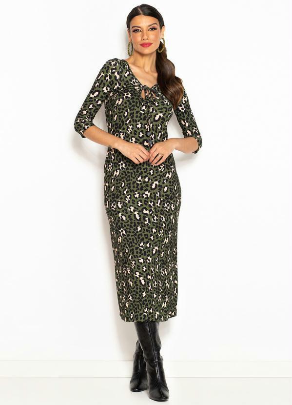 Vista 2 Vestido Midi de Malha Canelada Natureza Matcha Oncinhas Verde Militar Maria Filó Maria Filó