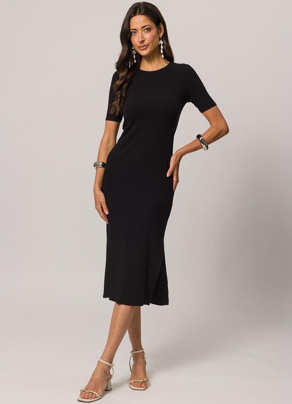 Vestido Midi de Manga Curta em Ribana Preto