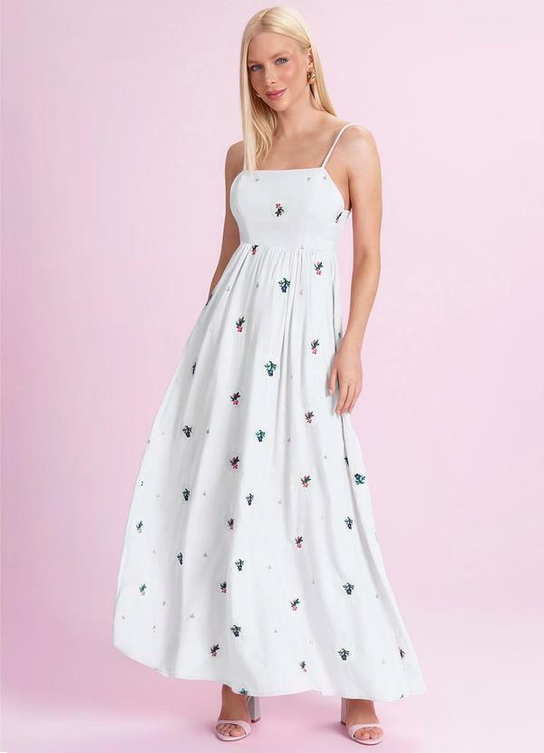 Vestido Midi de Tricoline Bordada Branco