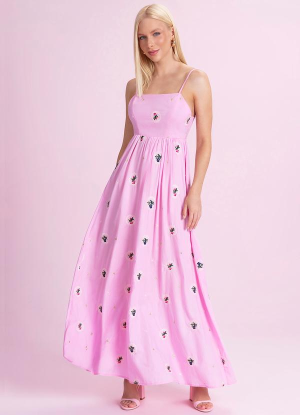 Vestido Midi de Tricoline Bordada Rosa