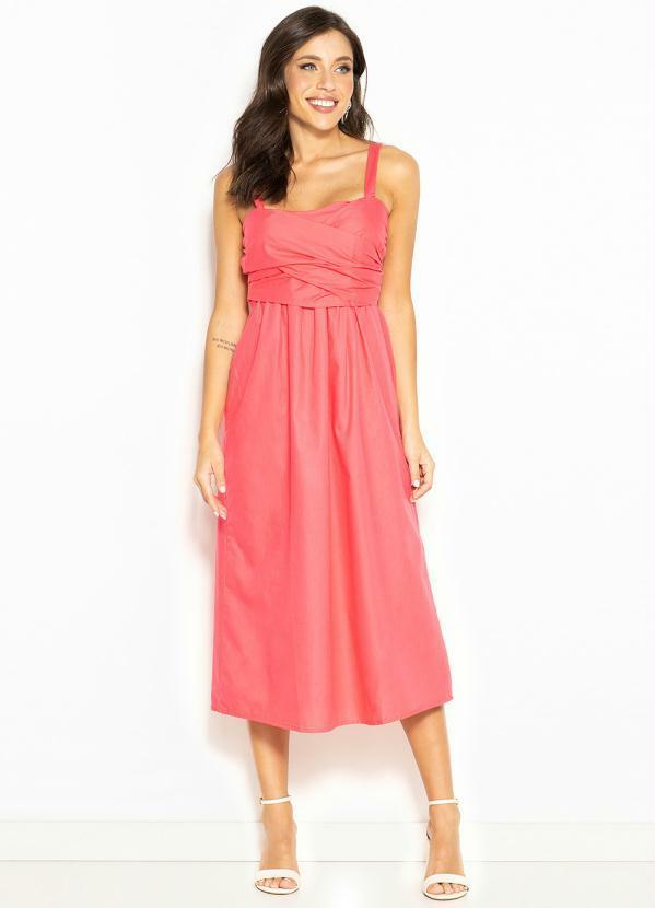 Vestido Midi de Tricoline Rosa