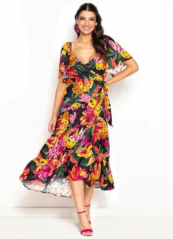 Vista 2 Vestido Midi de Viscose Flor de Banana Preto FARM FARM