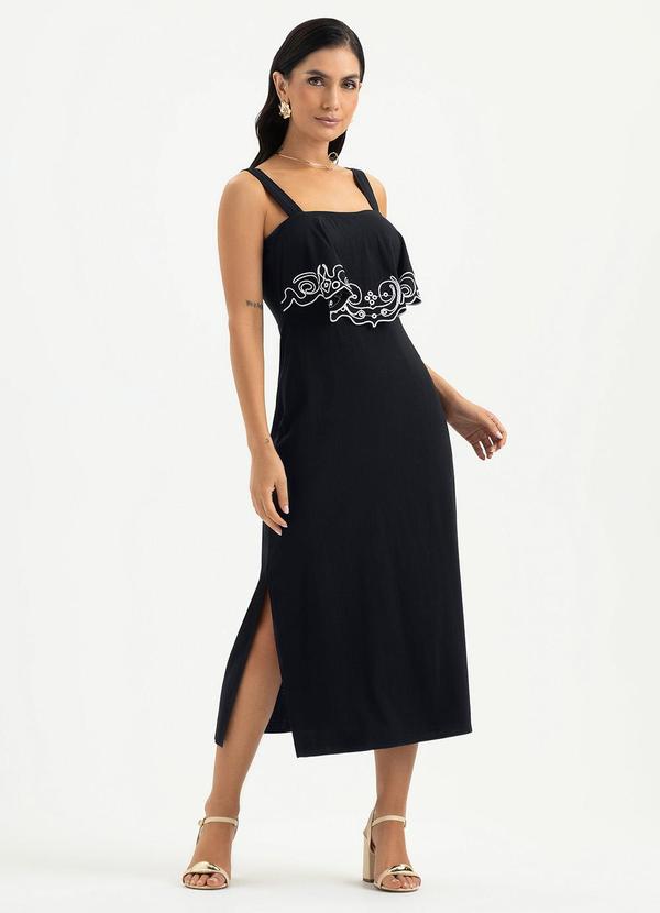 Vestido Midi Decote Quadrado em Viscose Preto