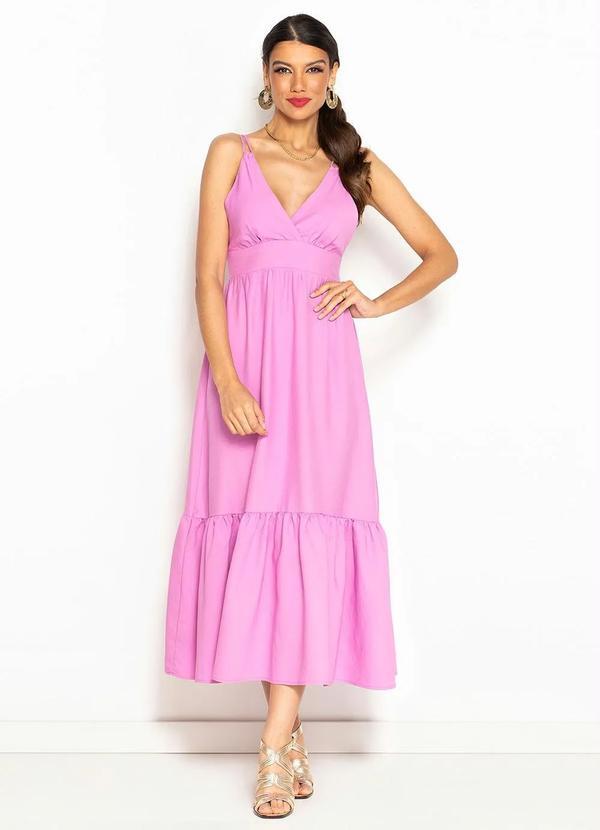 Vista 2 Vestido Midi Decote V em Tricoline Rosa Maria Filó Maria Filó
