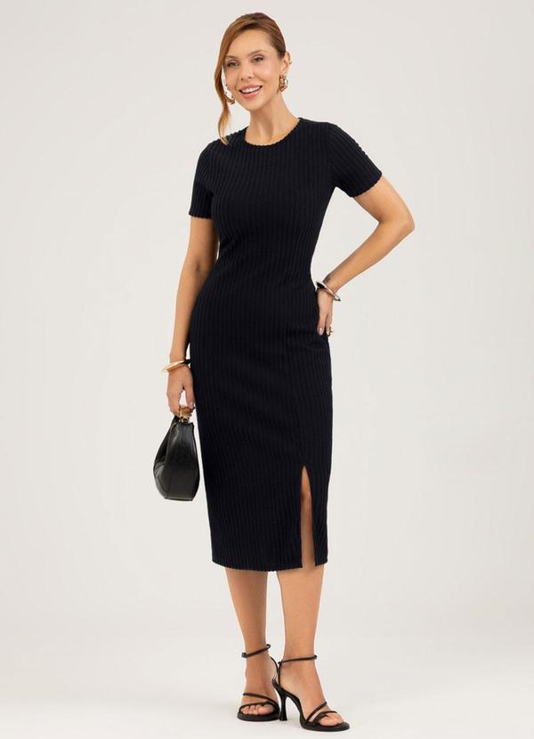 Vestido Midi em Canelado Aveludado Preto