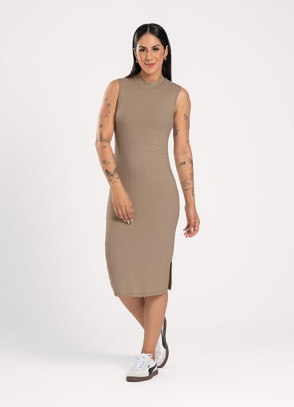 Vestido Midi em Canelado Marrom Claro