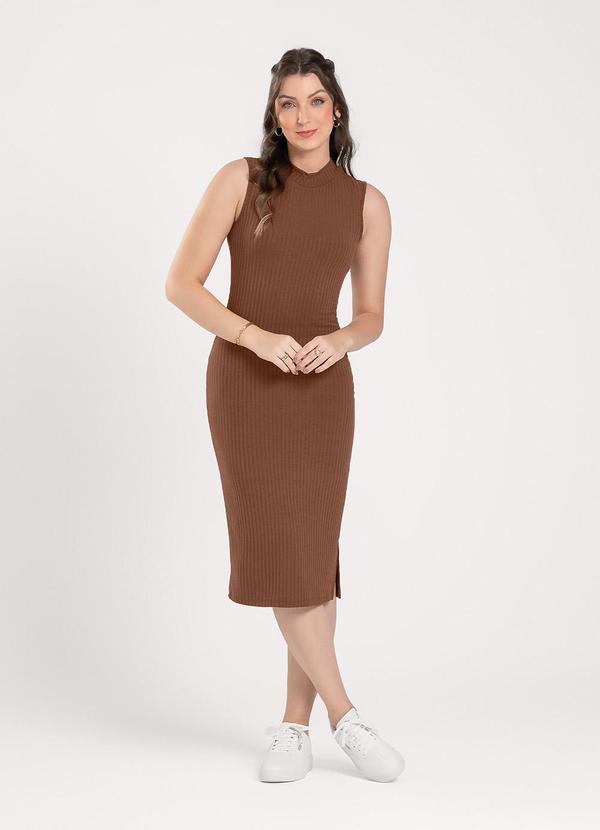 Vestido Midi em Canelado Marrom Escuro