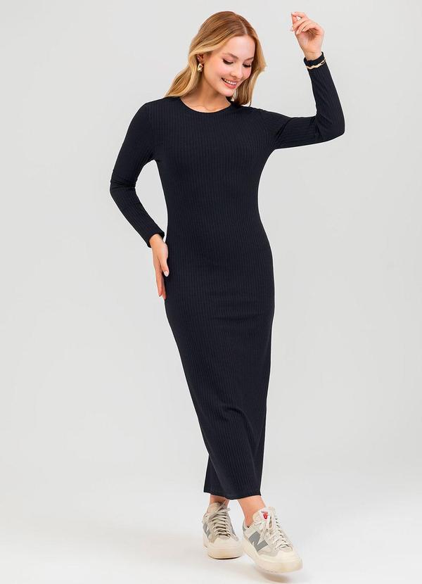 Vestido Midi em Canelado Preto