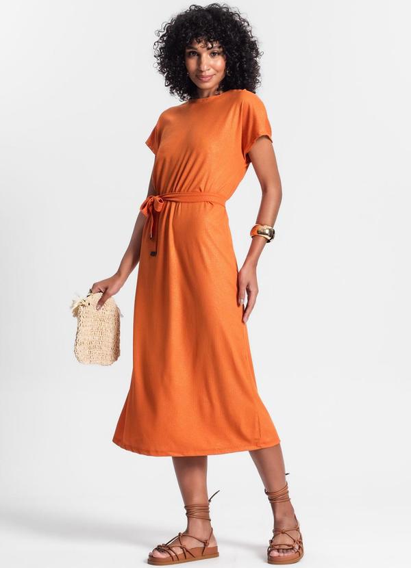 Vestido Midi em Ribana Canelada Laranja