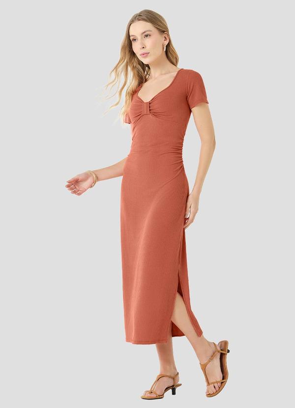 Vestido Midi em Ribana Canelada Laranja