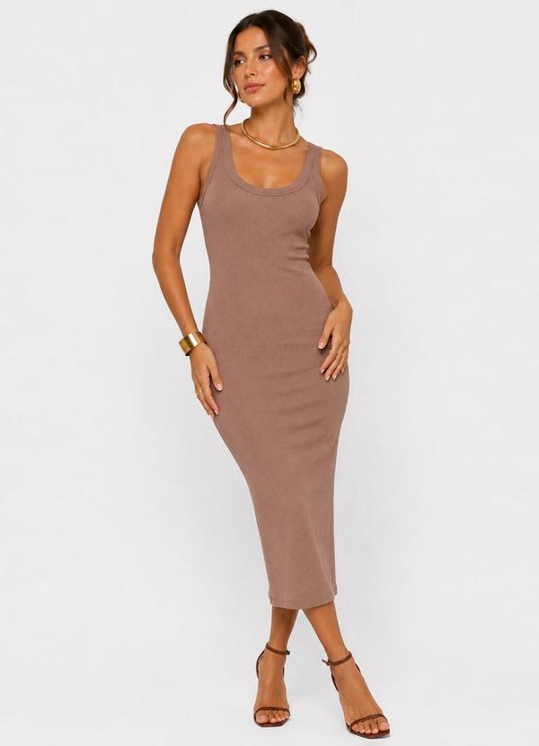 Vestido Midi em Ribana Canelada Marrom