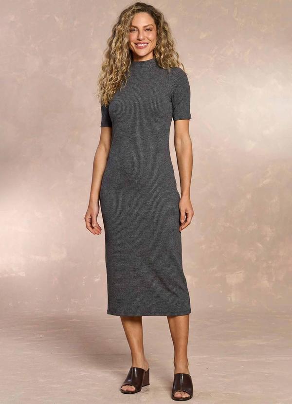 Vestido Midi em Ribana com Gola Baixa Cinza