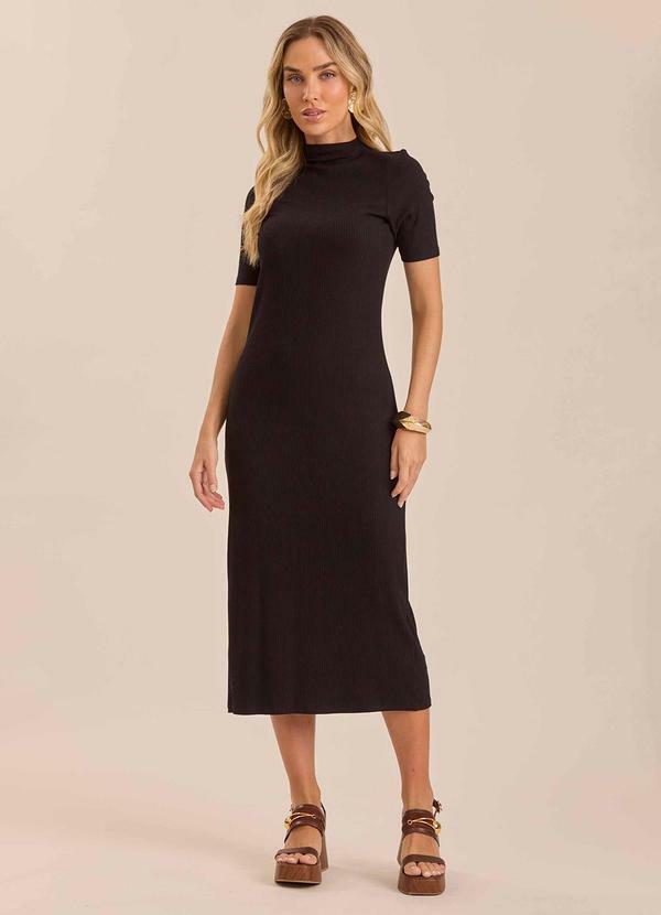 Vestido Midi em Ribana com Gola Baixa Preto