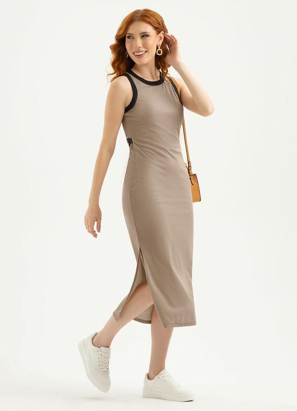 Vestido Midi em Tecido Texturizado Marrom Claro