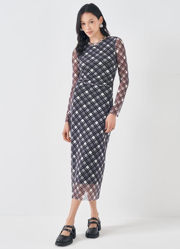 Vestido Midi em Tule Estampado Preto