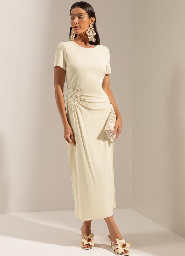 Vestido Midi em Viscose com Bordado Bege