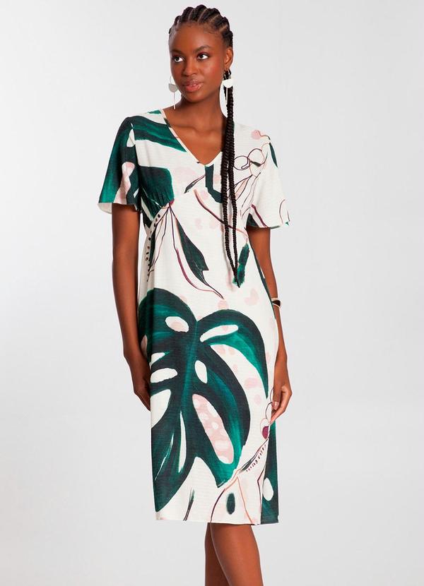 Vestido Midi em Viscose com Manga Flare Off White