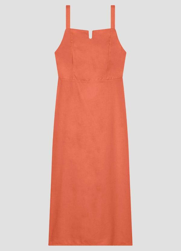 Vestido Midi em Viscose Linho com Alças Laranja