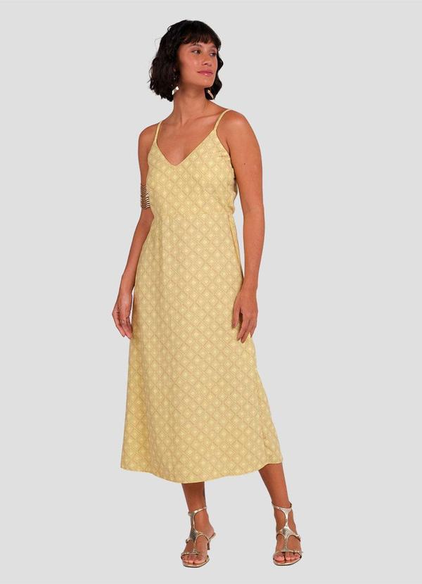 Vestido Midi Estampado com Alça Fina Amarelo