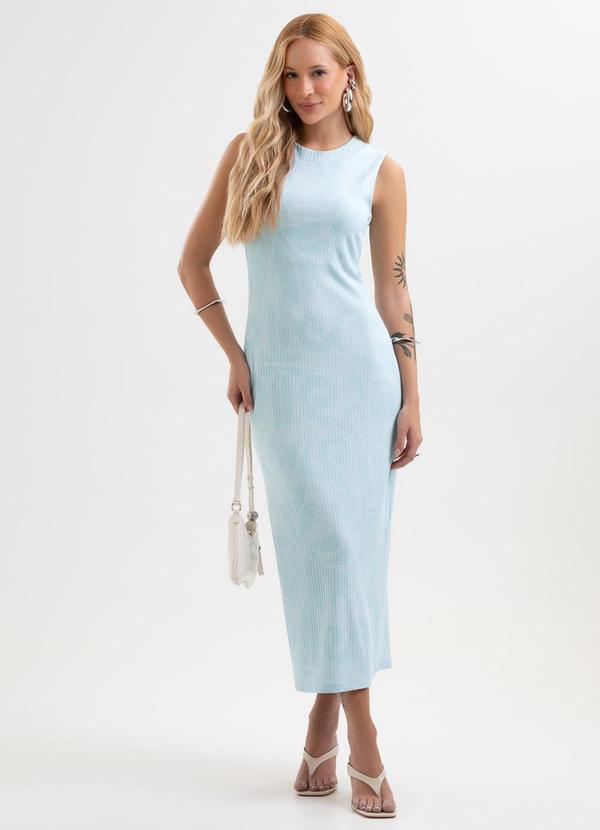 Vestido Midi Estampado em Canelado Azul