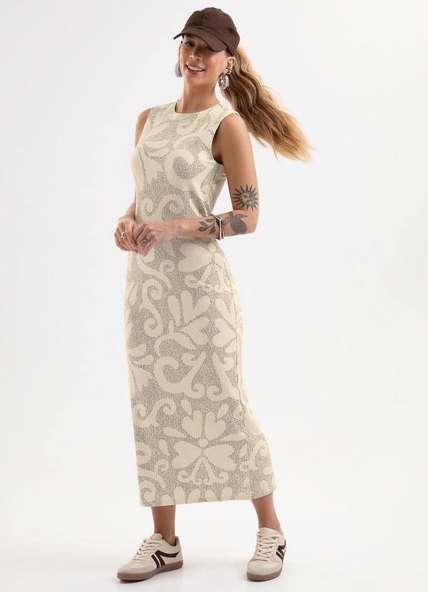 Vestido Midi Estampado em Canelado Bege