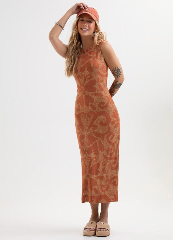 Vestido Midi Estampado em Canelado Laranja