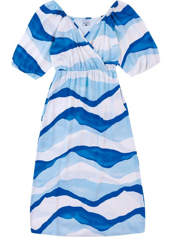 Vestido Mídi Evasê Abstrato Azul