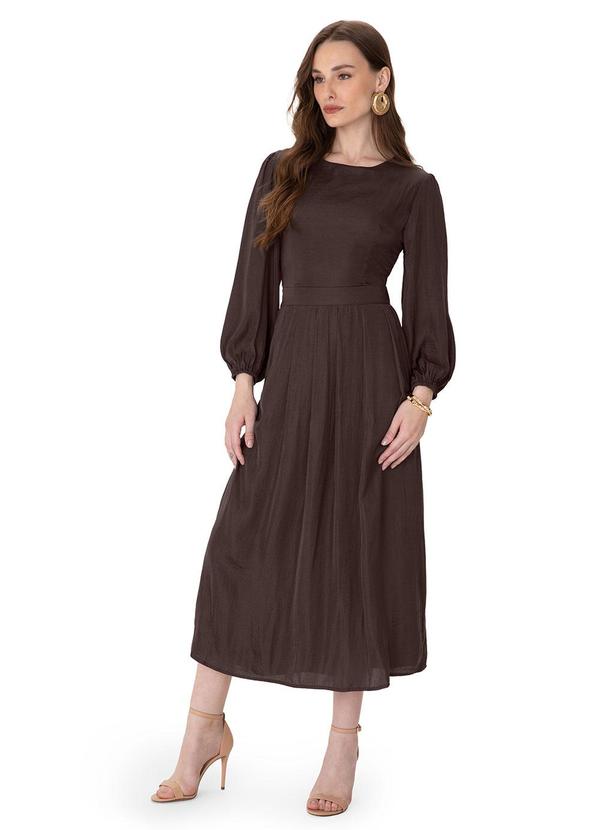 Vestido Midi Evasê Acetinado Marrom Escuro