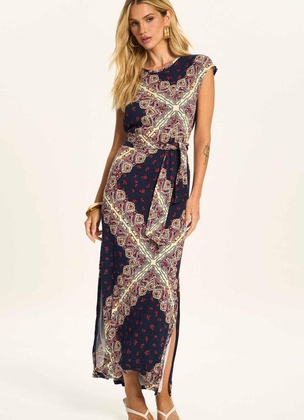 Vestido Midi Evasê com Cinto Embutido Azul