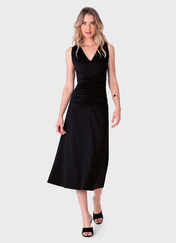 Vestido MÃdi Evasê com Franzido Preto