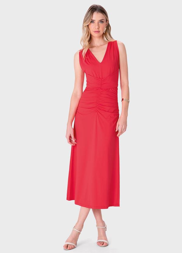 Vestido Mídi Evasê com Franzido Vermelho