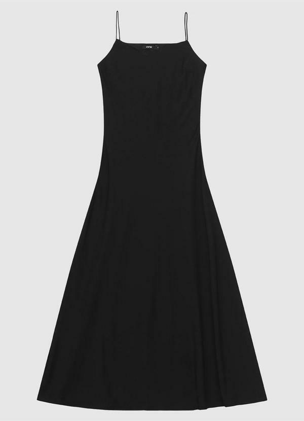 Vestido Mídi Evasê em Tafetá Preto