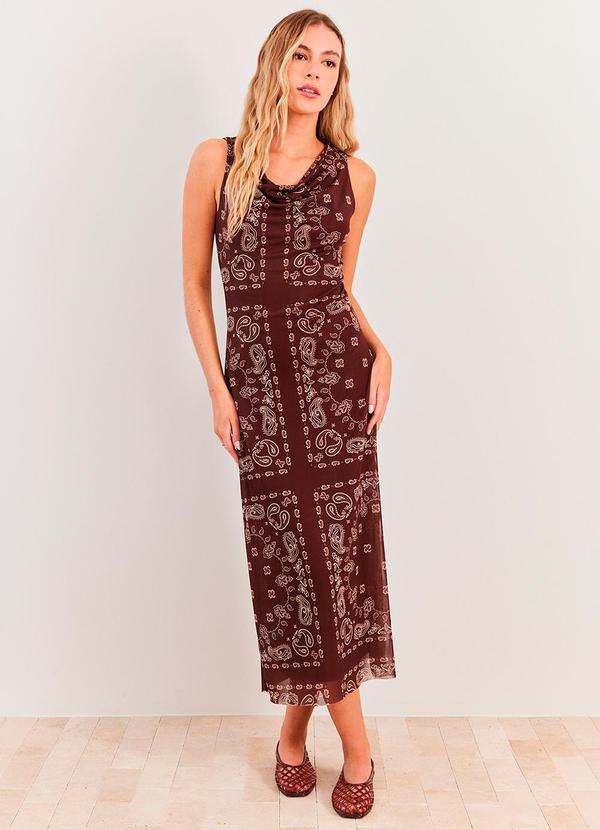 Vestido Midi Evasê em Tule Spring Flow Marrom