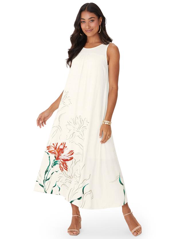 Vestido Mídi Evasê Floral Branco