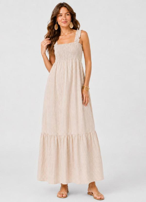 Vestido Midi Feminino de Alça Listrado Marrom