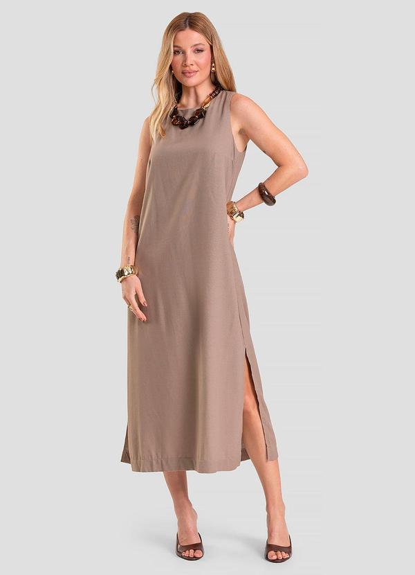 Vista 2 Vestido Midi Feminino em Tecido Linho Marrom Dianna Dianna