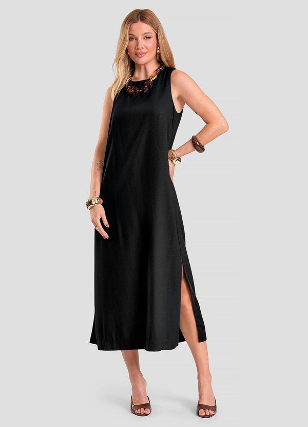 Vista 2 Vestido Midi Feminino em Tecido Linho Preto Dianna Dianna